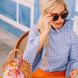 Elizabeth Wilson Navy Blue Gingham Women's Blouse XL PTP 22